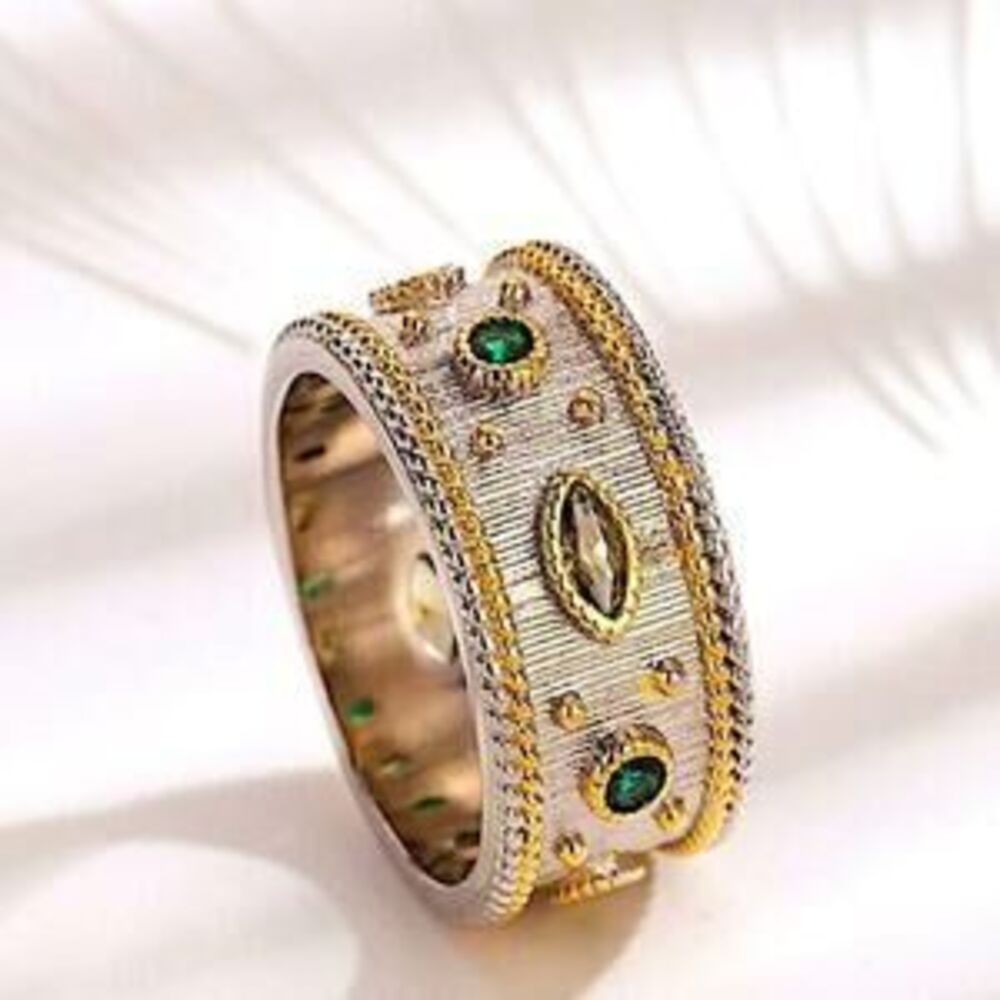 Silver Gold Peridot & Emerald Stone Bangle Bracelet Matching Ring Set